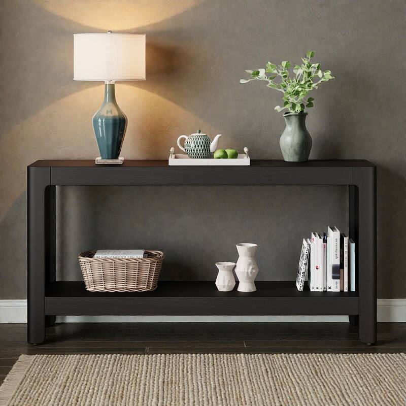 Modern Farmhouse Console Table with Solid Wood Veneer Top and Rounded Corners, Minimalist Entryway Table for Living Room - Black