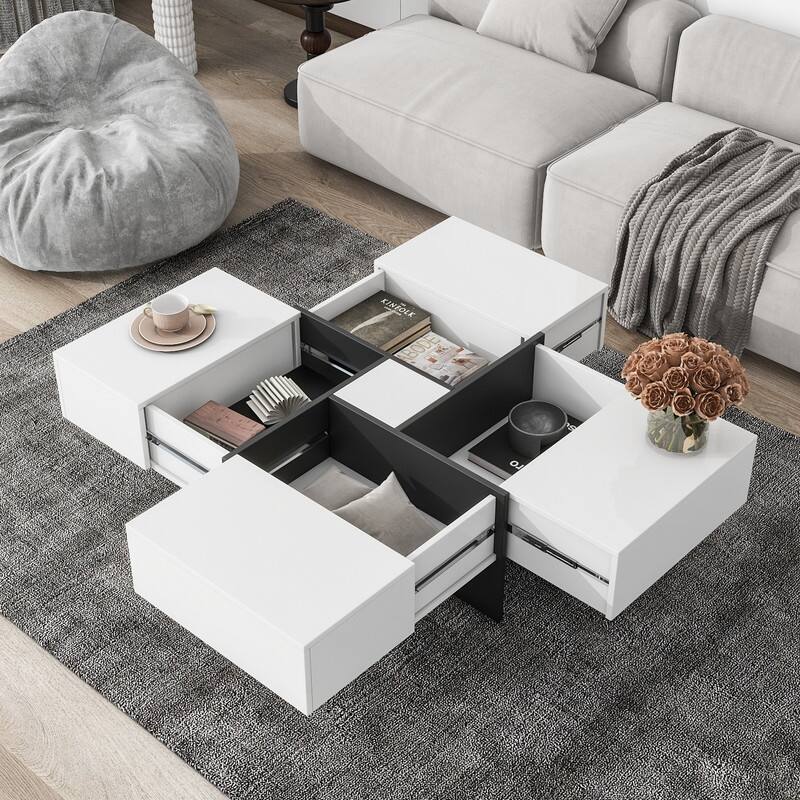 Unique Design Coffee Table with 4 Hidden Storage Compartments, Square Cocktail Table with Extendable Sliding Tabletop - White