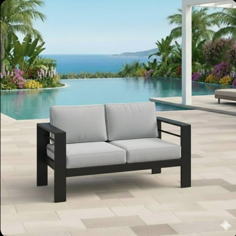 52" Metal Loveseat Patio Sofa with Thick Light Gray Cushions & Black Frame