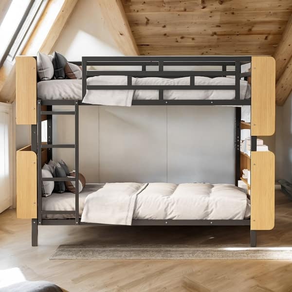 slide 2 of 16, 2 In 1 Metal Full over Full Bunk Bed with Storage Bookcase Black