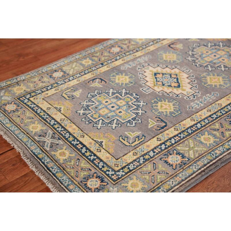 Gray Geometric Kazak Foyer Rug Hand-Knotted Wool Carpet - 2'8"x 4'1"