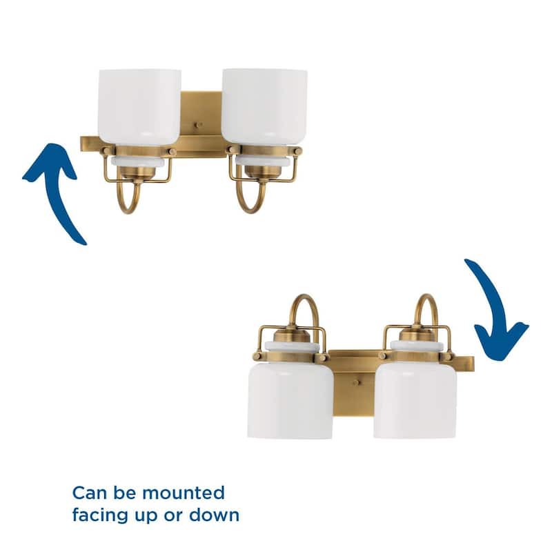 Fessler Collection Two-Light Vintage Brass Opal Glass Farmhouse Bath Light - 13 in x 7.12 in x 9.12 in