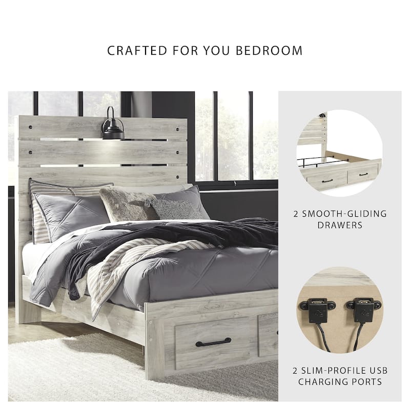 Cambeck Whitewashed Panel Bed w/ 2 Footboard Storage Drawers