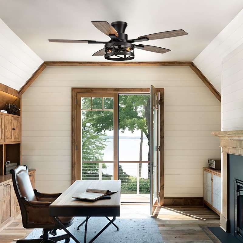 52 Inch Farmhouse Ceiling Fan with Light and Remote Black Industrial Caged Ceiling Fans for Living room - 52 in.