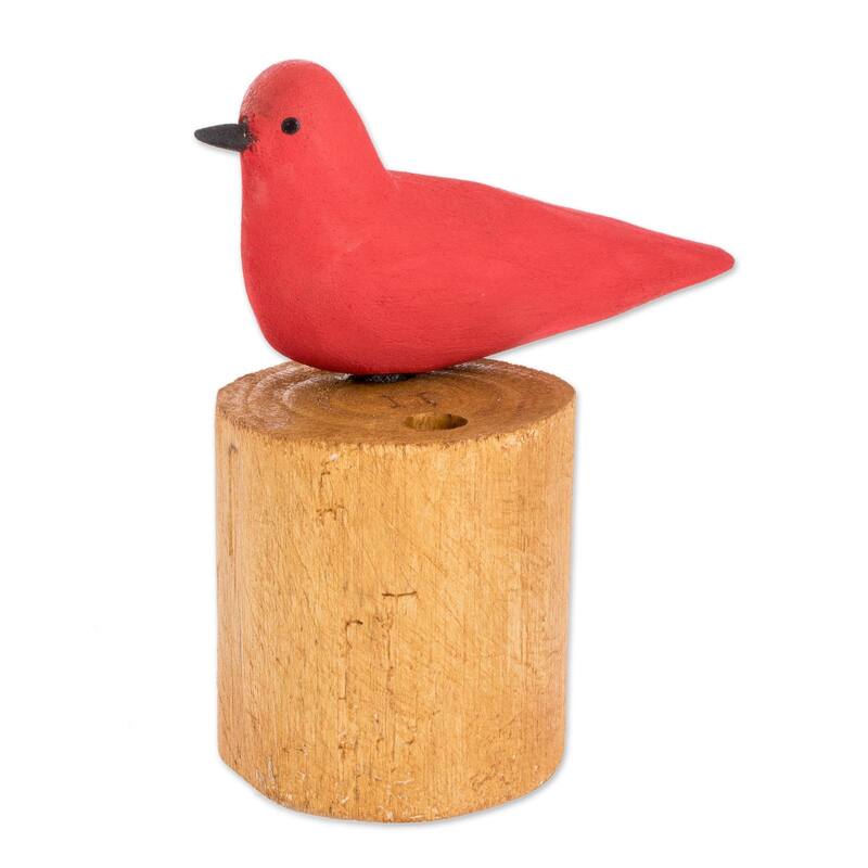 Novica Handmade Red Summer Tanager Wood Pencil Holder
