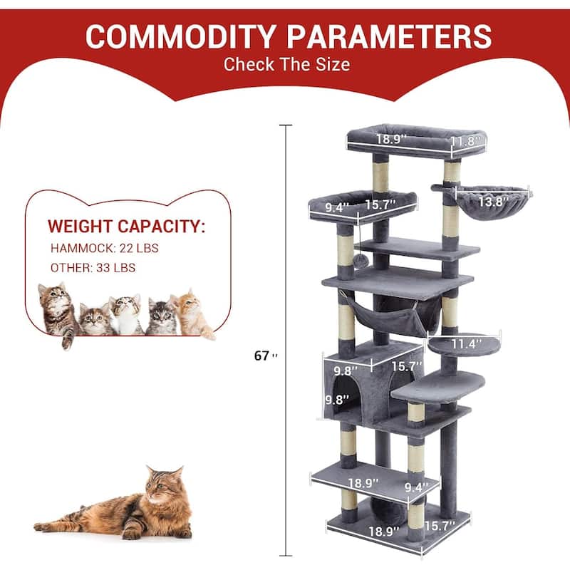 Cat Tree for Large Cats 67 Inches,Multi-Level Cat Tower with Scratching Posts