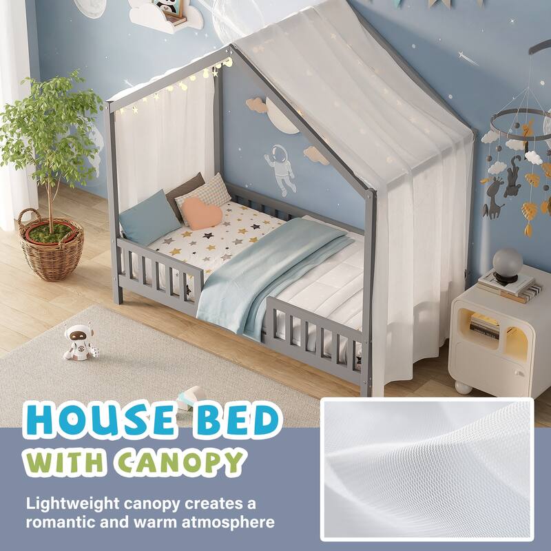 Whimsical Montessori-Inspired Floor Bed with Canopy & Full Safety Rails by Harper&Bright Designs