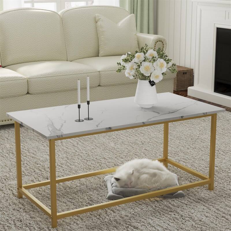 Marble Coffee Table Simple Modern Open Design - 39.34"D x 19.7"W x 17.7"H - White Gold