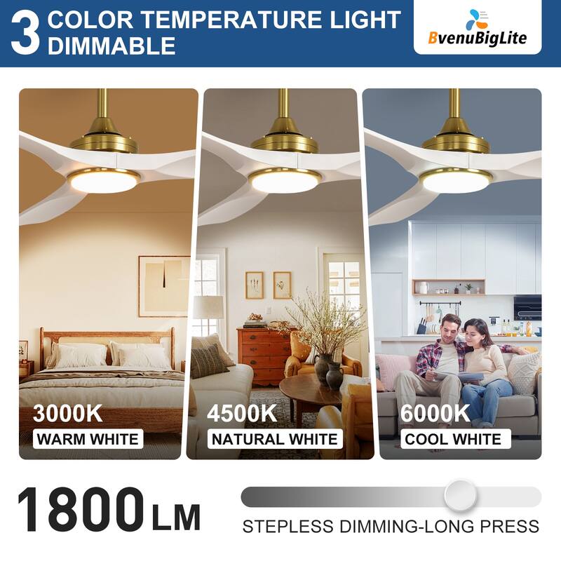 52 in. Indoor/Outdoor Dimmable Ceiling Fan With Light for Patios, Modern Noiseless Ceiling Fan with Remote APP Control