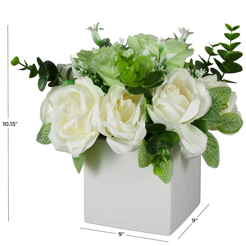 Fabric Artificial Flower with Green Leaves and Square Ceramic Vase - White - Roche River Decor