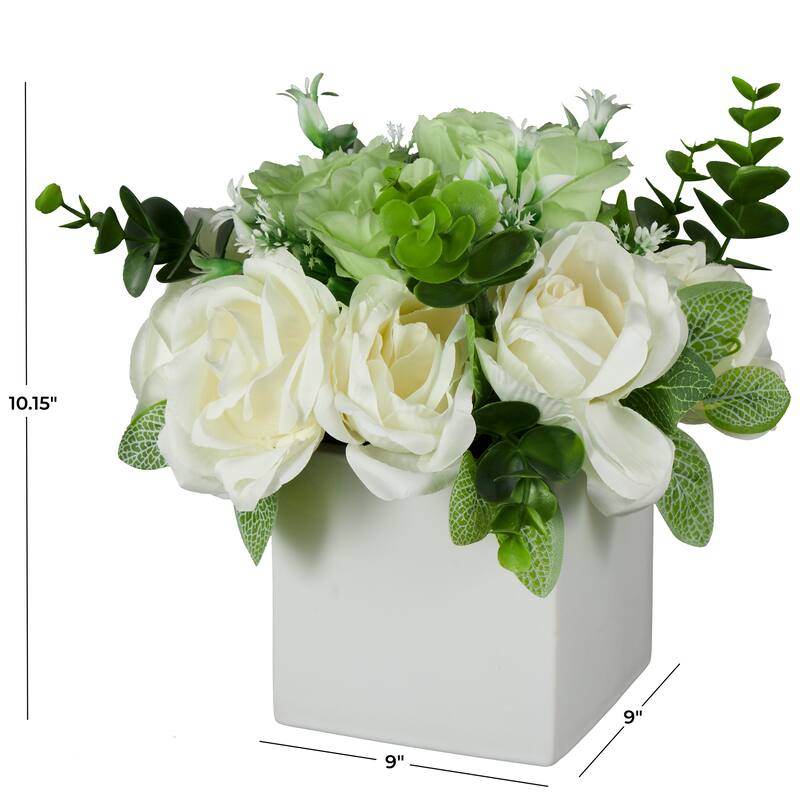 White Fabric Artificial Flower with Green Leaves and Square Ceramic Vase