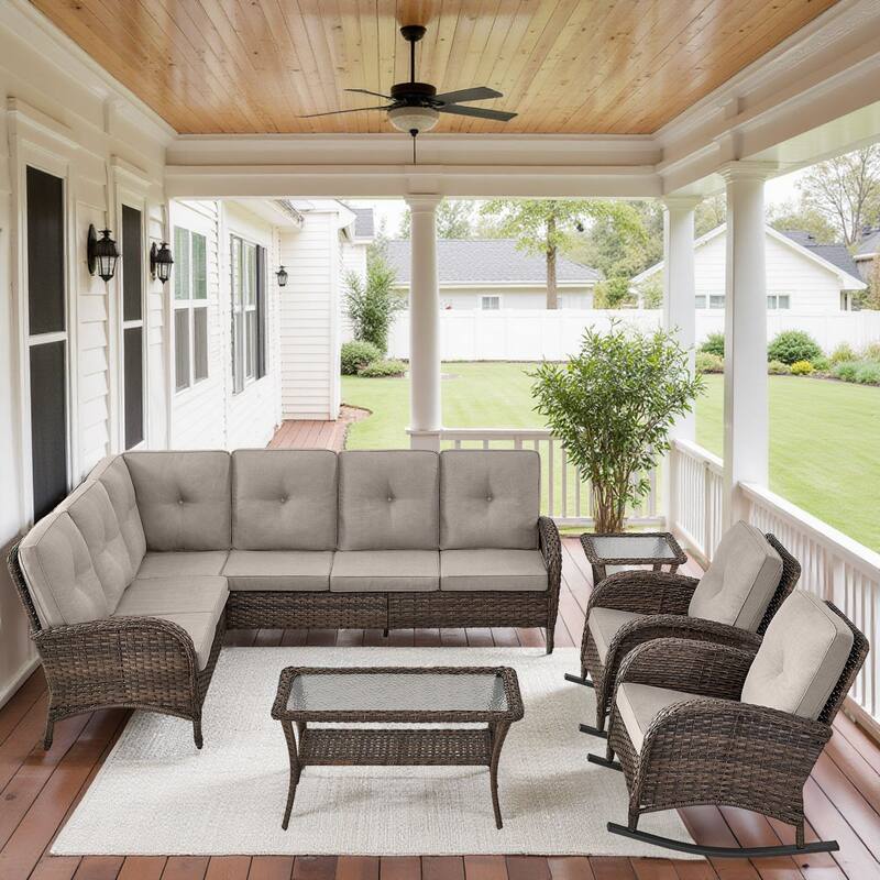 Outdoor Conversation Sofa Rocker Chair Table - Brown - Beige