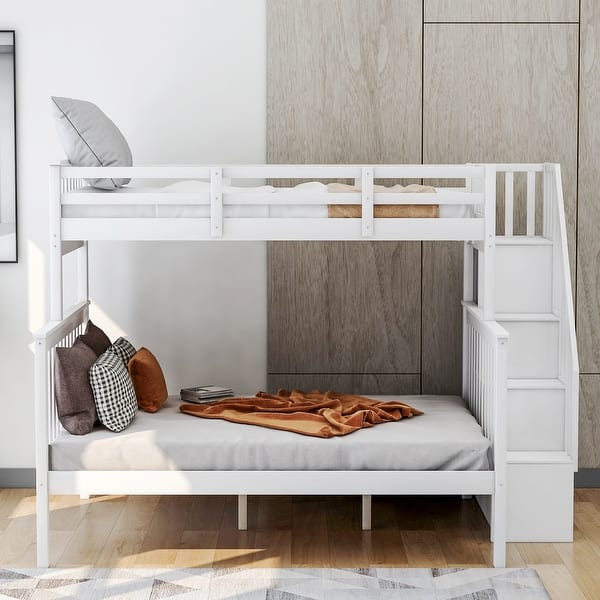 slide 2 of 13, Stairway Twin-Over-Full Bunk Bed with Storage and Guard Rail,Space-Efficient Multifunctional Bunk Bed With Storage White