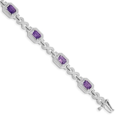 Curata 925 Sterling Silver Textured Polished Box Catch Closure Diamond and Amethyst Bracelet
