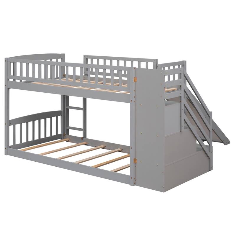 Twin Over Twin Bunk Bed with Drawers, Slide, and Stairs, Gray