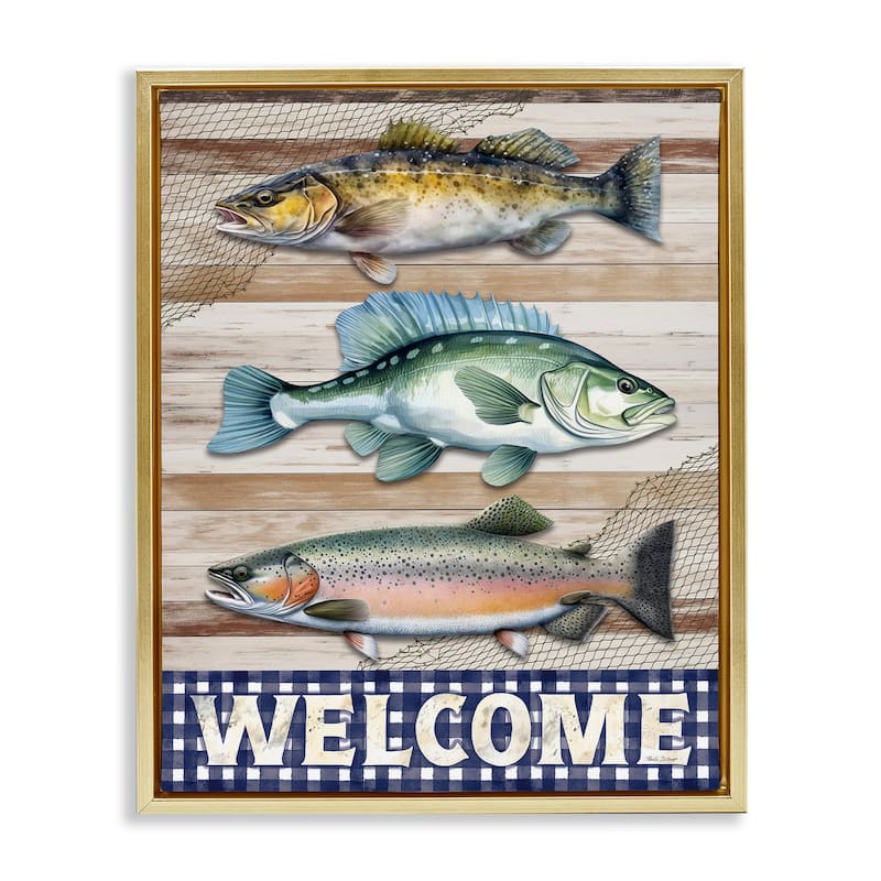 Stupell Welcome with Rustic Fish Framed Floater Canvas Wall Art Design By Nicole DeCamp - 17 x 21 - Gold