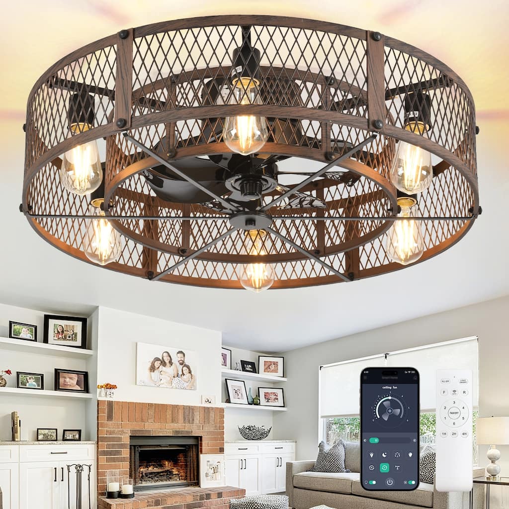20-26Inch Caged Ceiling Fan with Light and Remote: APP Control Quiet DC Motor (E26 Bulbs Included)