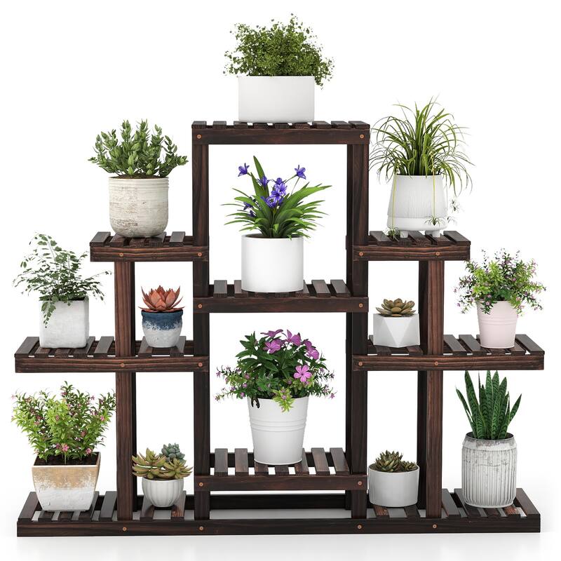 Brown Pine Wood 6-Tier Plant Stand with 9 Shelves for Indoor and Outdoor - 47" x 10" x 38"