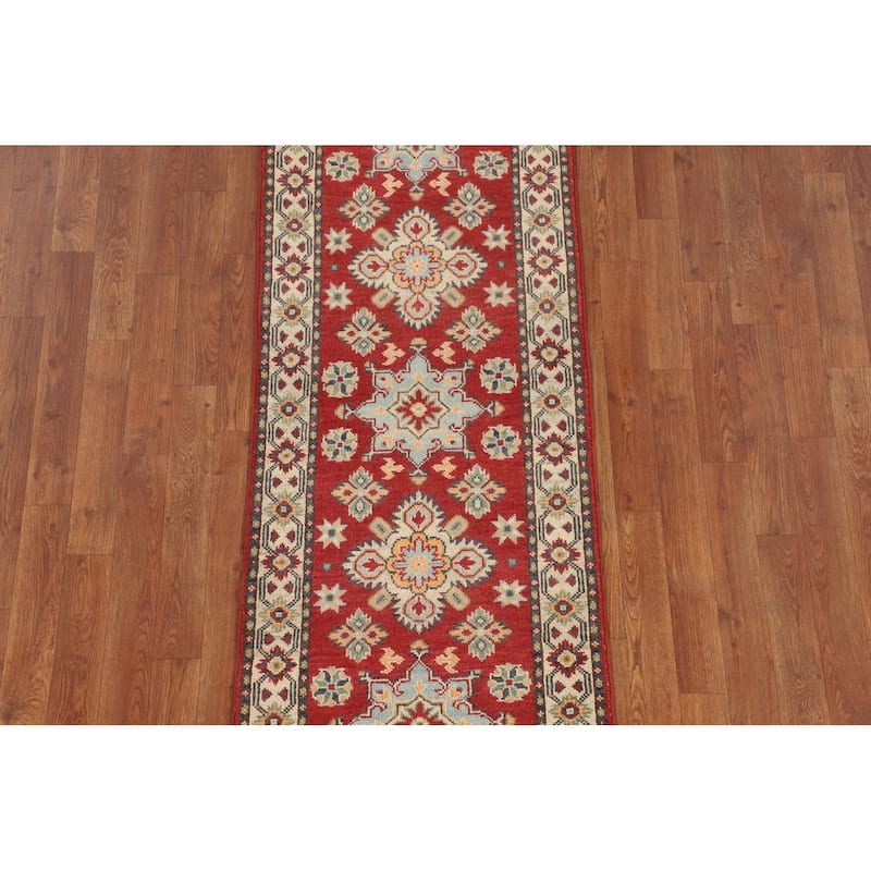 Geometric Red Kazak Runner Rug Hand-Knotted Wool Carpet - 2'1" x 6'0"