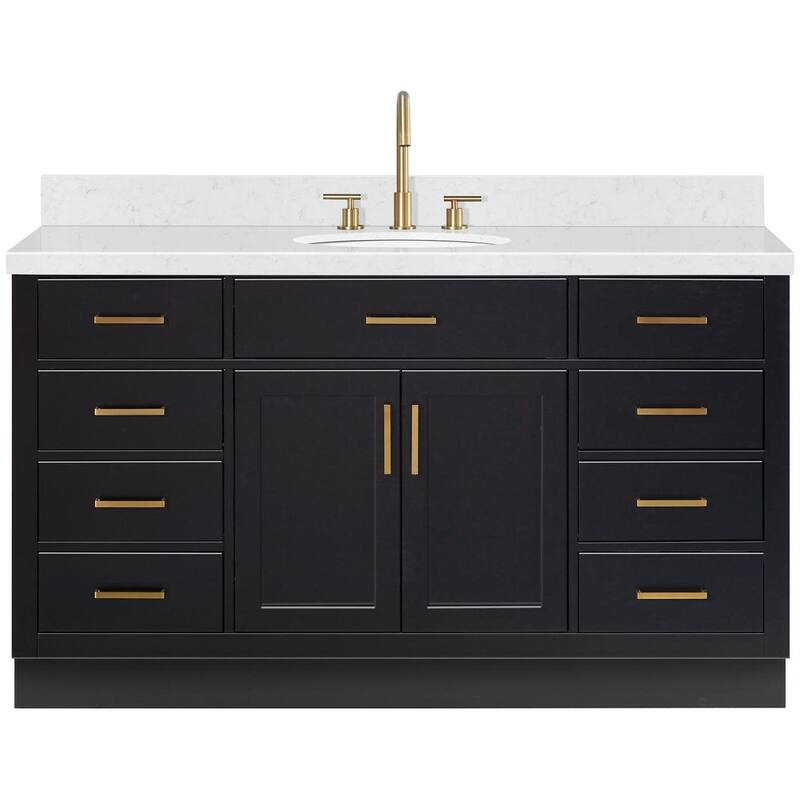 Ariel T060SCQOVO Hepburn 60" Free Standing Single Oval Basin Vanity - Black / Carrara White Quartz / Satin Brass