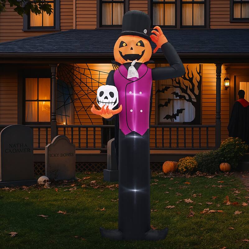 12 Feet Halloween Inflatable Pumpkin Man with Skull LED Lights for Outdoor or Indoor Decoration