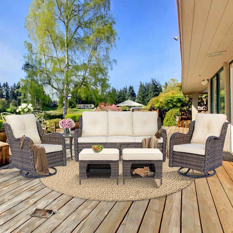 6 Piece Wicker Outdoor Patio Furniture Set Swivel Chairs Sofa Ottoman - Beige/Brown Wicker with Cover