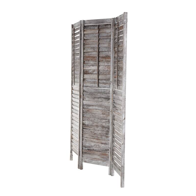 Gray Wood Distressed Shutter Top 3 Panel Partition Room Divider Screen with Brown Accents
