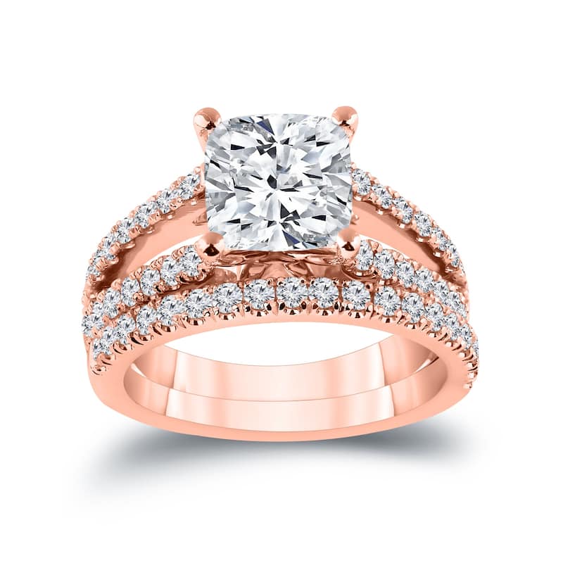 Auriya 2 3/4ctw Certified Cushion-Cut Diamond Engagement Ring Set 14k Gold - 5 - Rose
