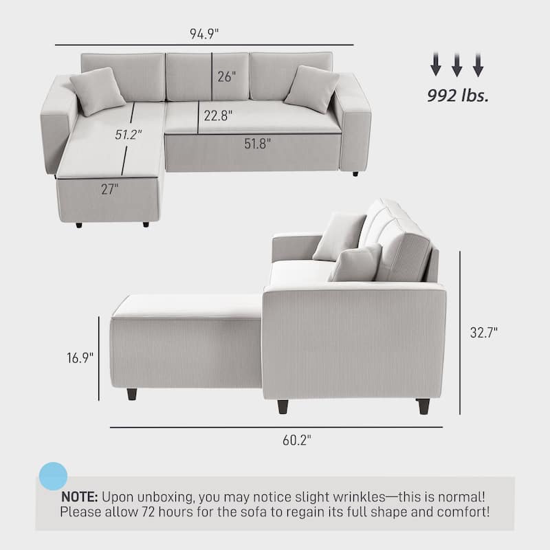 HOMCOM 95" Sectional Sofa with Reversible Chaise Lounge, L-Shaped Corner Sofa with Corduroy Fabric, Pocket Spring, 2 Pillows