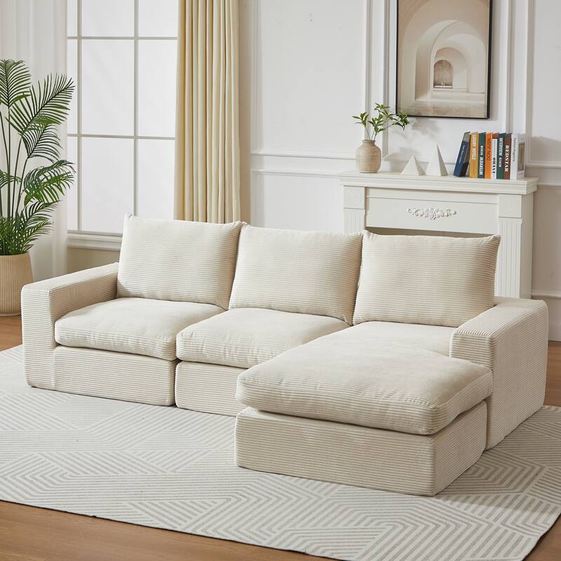 L-Shaped Sectional Sofa with Chaise Lounge, Corduroy Upholstered Boneless Couch, Module Corner Sofa with 3 Pillows