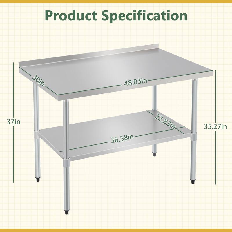 Profeeshaw Stainless Steel Work Table with Backsplash & Adjustable Shelf for Commercial Use - 48"L x 30"W x 37"H