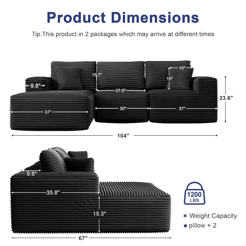 104" Modular Sectional Sofa with L-Shape Chaise Modern Upholstered Cloud Couches with Throw Pillows - 104 in.W x 23.6 in.H