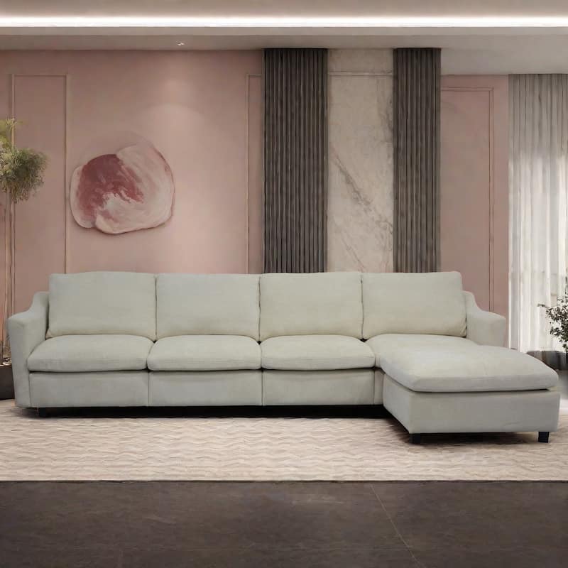 4-Seater Modern Beige Fabric Modular Sofa with Ottoman, Armrest Pockets and 4 Pillows