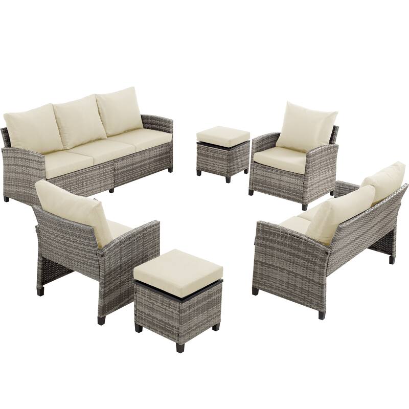 6-Piece Outdoor Patio Sofa Set with Cushions and Ottomans, All-Weather PE Wicker Sectional Conversation Furniture
