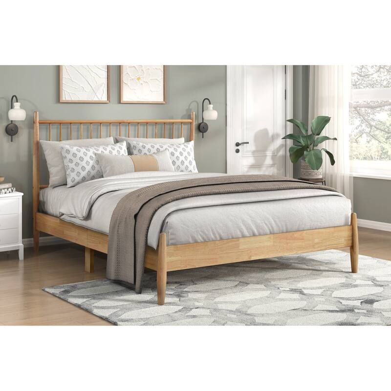 Mid-Century Modern Design Queen Platform Bed 1pc Natural Finish Wooden Bedroom Furniture Vertical Slats Headboard, Bed in a Box