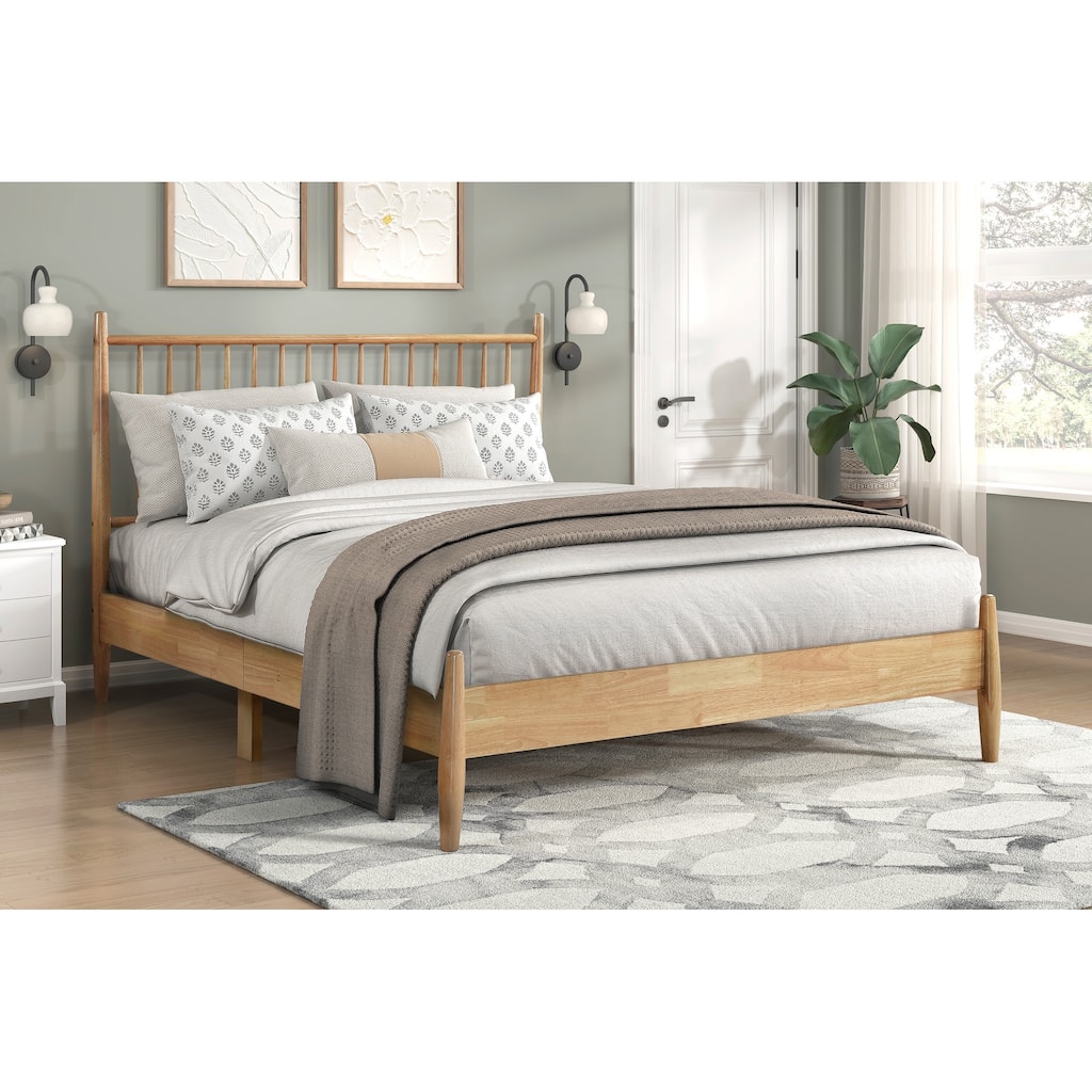 Mid-Century Modern Full Platform Bed with Vertical Slats Headboard, Natural Finish Wooden Bedroom Furniture