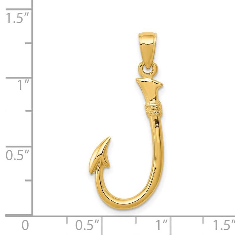 Curata 14k Yellow Gold 18" Textured Polished 3-D Fishing Hook Pendant Necklace - 32.7x13.3mm