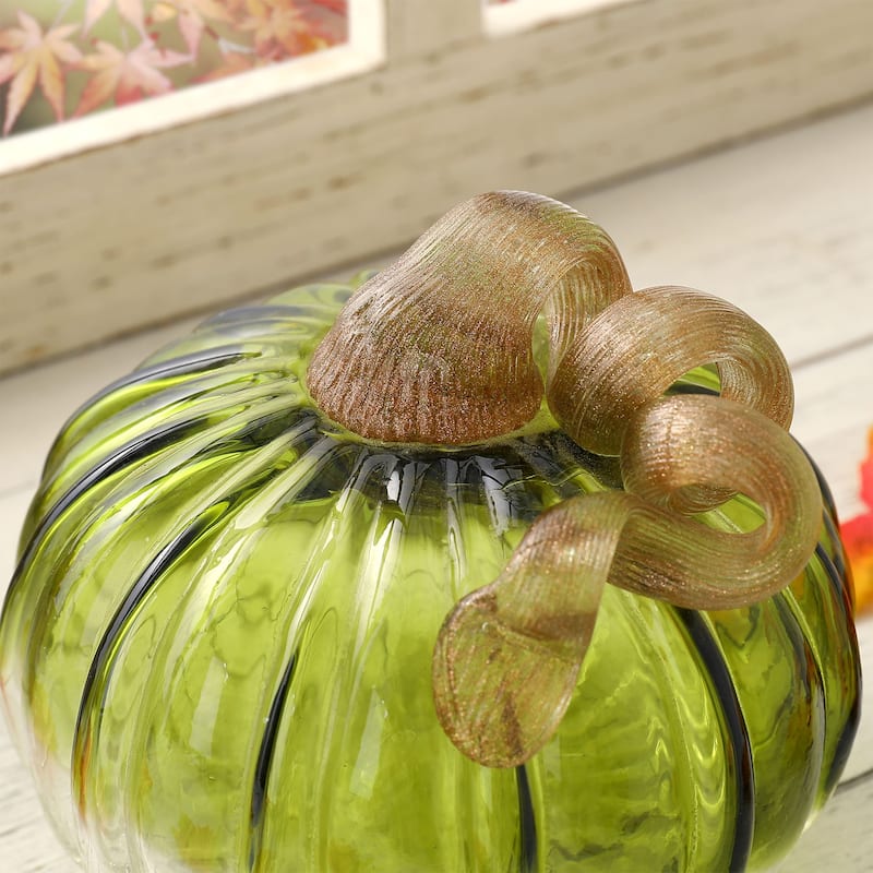 Glitzhome 6"D Green Amber Crackle Hand Blown Glass Pumpkins for Fall Harvest Halloween