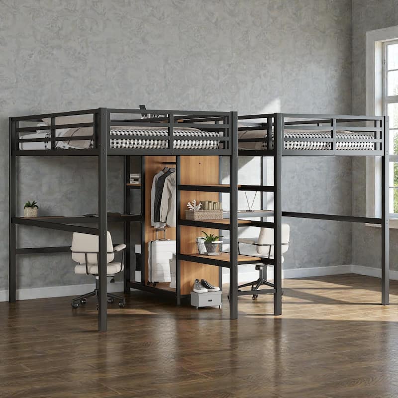 Twin Over Twin Metal Loft Bed with Double Desk, Wardrobe, Shelves and Power Outlets, Space-Saving Design