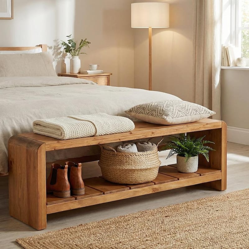 Solid Wood Entryway Bench, 59 Inch Long Shoe Bench with Open Shelf