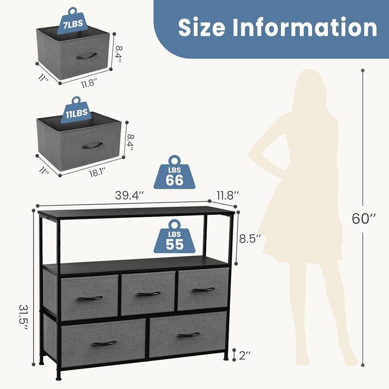Modern 5 Fabric Drawer 11.8 in. Wide Chest of Drawers with Open Shelf & TV Stand for 45 Inch TV Living Room
