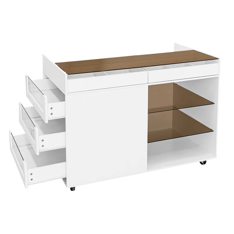 Roomfitters Multi-Functional Storage Island Vanity Console with Glass Display Shelves and Reversible Top, White
