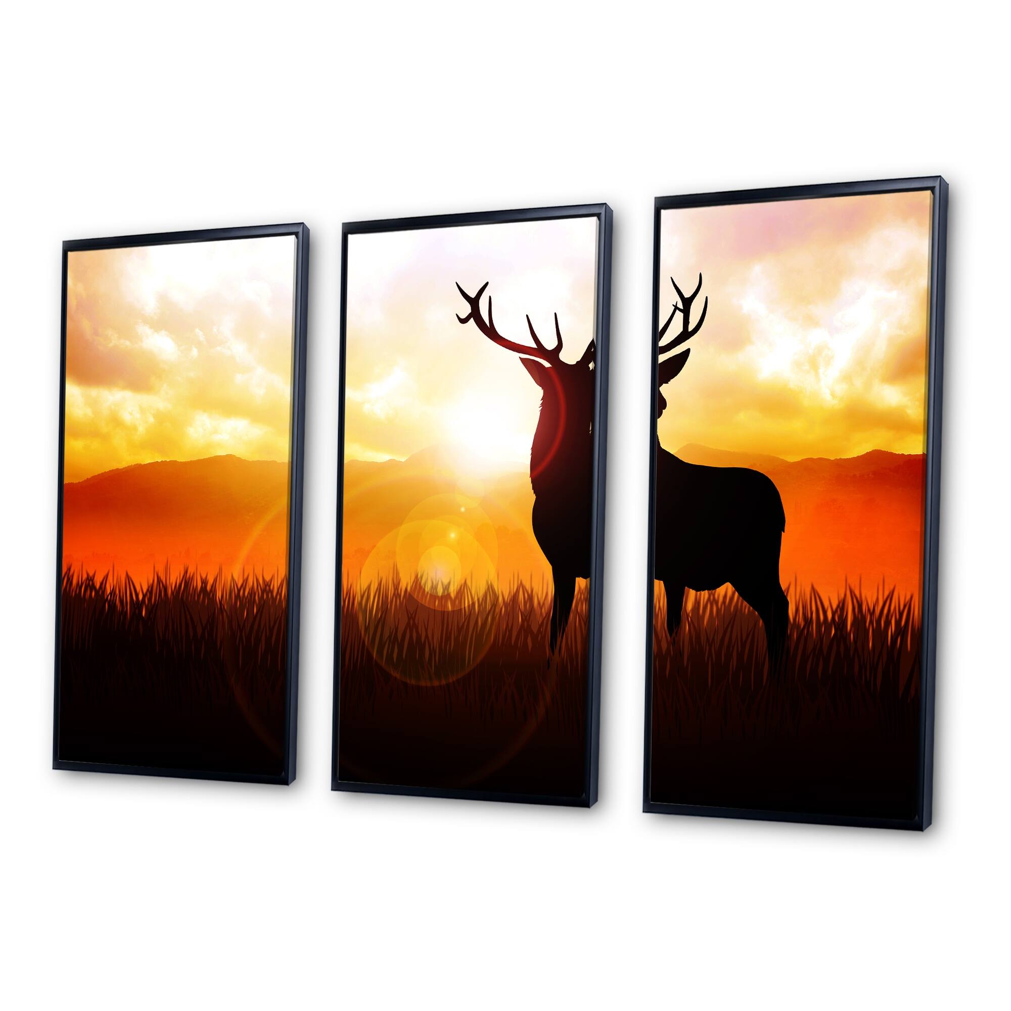 Designart "Deer on Meadow During Sunrise" Animal Framed Art Prints Set