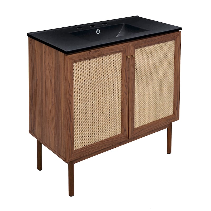 Classe 36 In. Brown Oak Bathroom Vanity With Black, 3-Hole Ceramic Sink Top