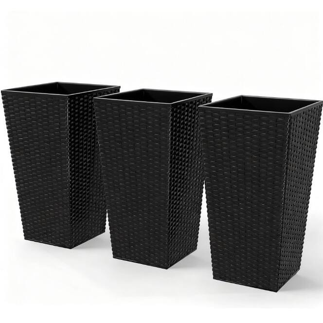 GDFStudio - Indoor Outdoor Woven Rattan-style Tall Tapered Planter Set with Drainage Hole & Removable Plug, Set of 3 - 24"H