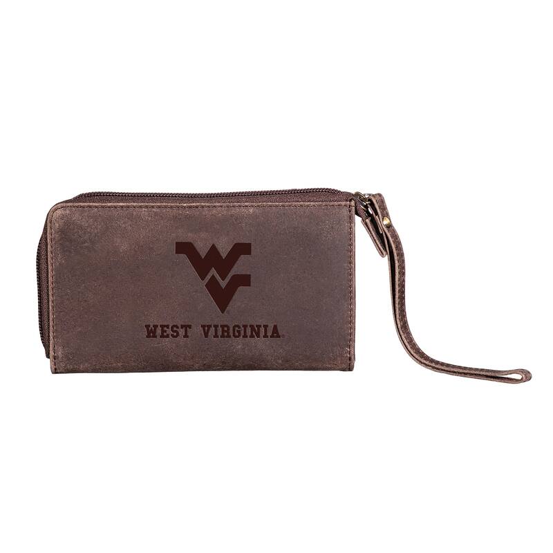Brown Leather Cell Phone Wristlet Wallet, West Virginia University - 4" x 7"