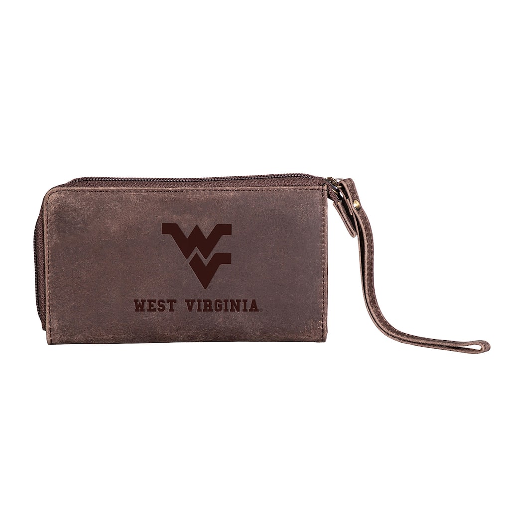 Brown Leather Cell Phone Wristlet Wallet, West Virginia University - 4" x 7"