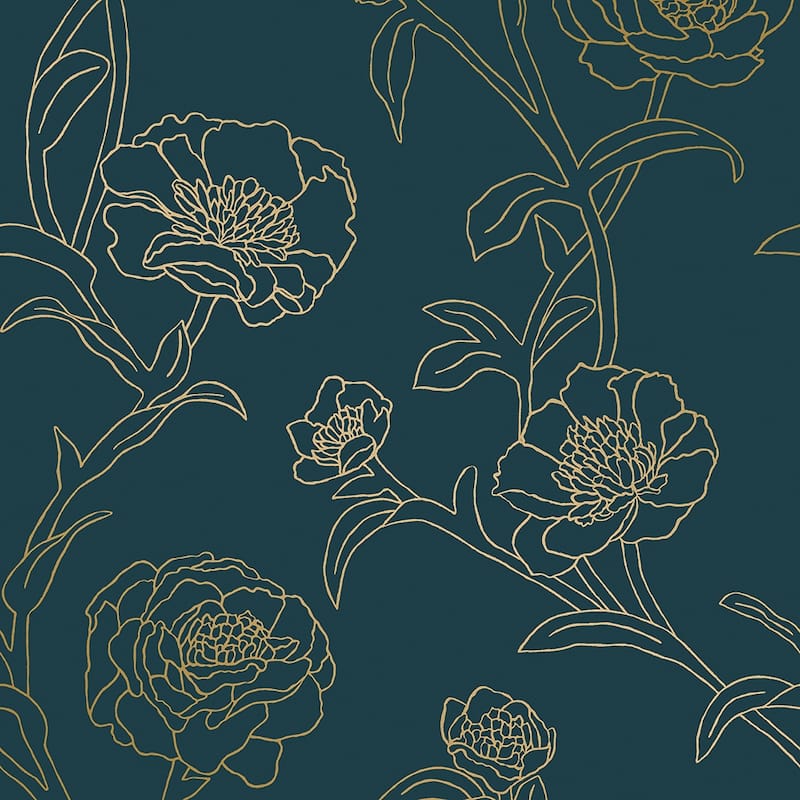 Peonies Removable Peel and Stick Wallpaper - Peacock Blue & Metallic Gold