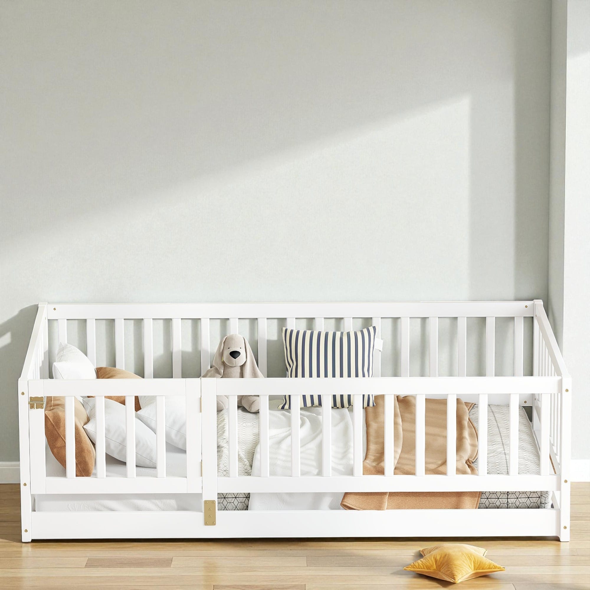 Twin/Full Montessori Floor Bed with Slats, Fence and Door, Wood Low Kids Bed for Girls and Boys, No Box Spring Needed