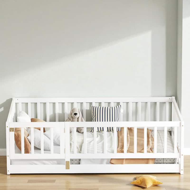 Twin/Full Montessori Floor Bed with Slats, Fence and Door, Wood Low Kids Bed for Girls and Boys, No Box Spring Needed - White - Twin